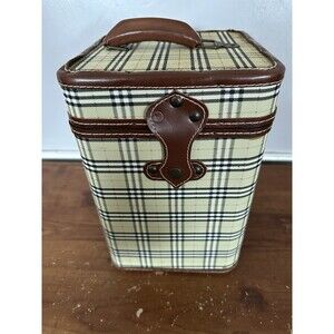 Vintage Wood Leather Wine Case Holder Plaid Tote 4 Bottles Picnic